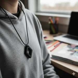 A discreet, black chewable necklace (chewelry) designed to look like a modern pendant, providing oral sensory input for a 12 year old.