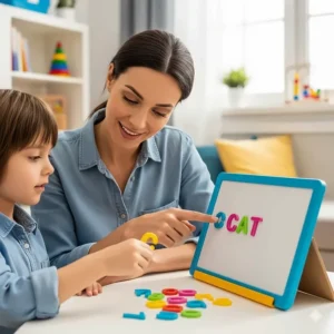 A parent and child interactively learning to spell words using a magnetic children's board.