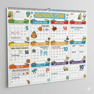A colorful wall calendar tailored for the school year, marking important school dates and breaks for kids and parents.