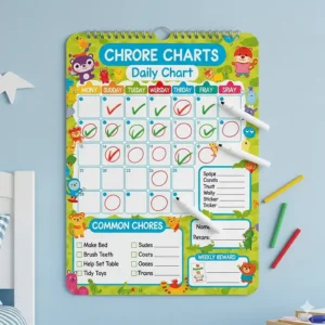 A child's wall calendar that doubles as a chore chart, with space to track daily tasks and responsibilities.