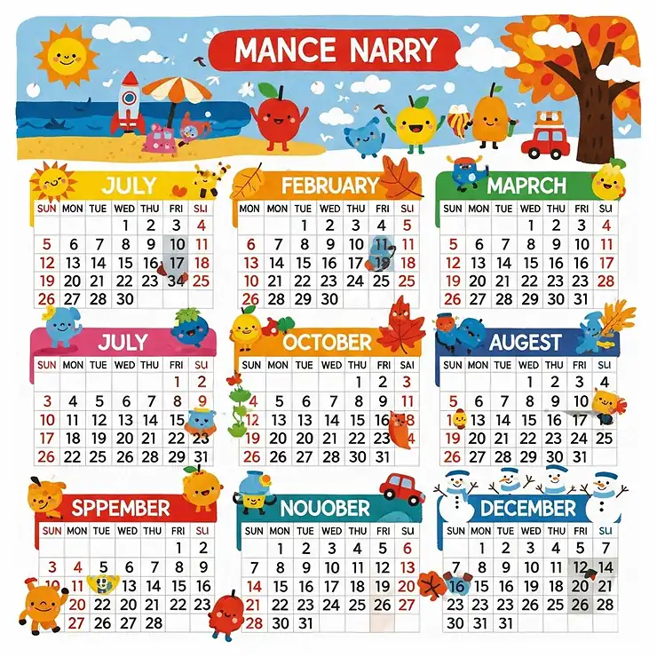 A brightly colored, illustrated wall calendar for children, showing the days of the week and months of the year with fun, educational graphics. childrens wall calendar