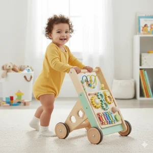 A sturdy, non-tip wooden walker designed for infants learning to walk, promoting natural movement and stability.