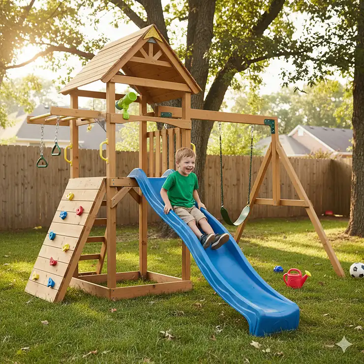 A sturdy wooden outdoor toys for 5 year olds climbing structure with a slide, perfect for developing gross motor skills.