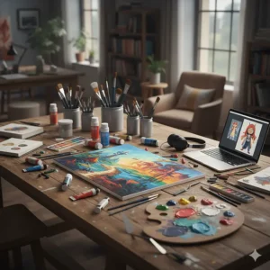 A collection of professional-grade art supplies and a partially completed canvas, suggesting creative art toys for teenagers.