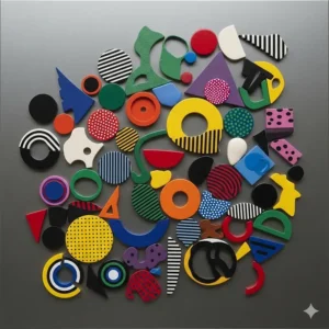 An artistic arrangement of various shapes and colors of magnets forms a unique, abstract design on a magnetic board, showcasing its creative potential.