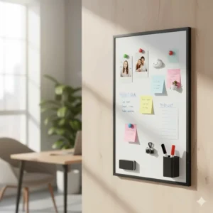 A custom magnetic whiteboard with various magnets and notes attached, showing its versatility.