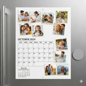 A personalized magnetic calendar decorated with custom photos of family and friends, making a great gift and a sentimental way to track special dates.