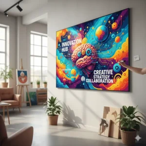 A vibrant, printed custom whiteboard with a colorful design, showcasing a unique design possibility.