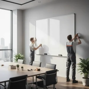 A professional installing a custom-sized whiteboard on a wall in a large conference room.