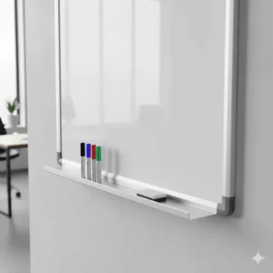 A detailed image of the custom whiteboard's sturdy aluminum frame and integrated marker tray.