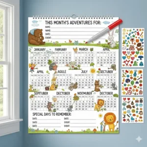 A customizable wall calendar for children with blank spaces for personalizing with names and events.