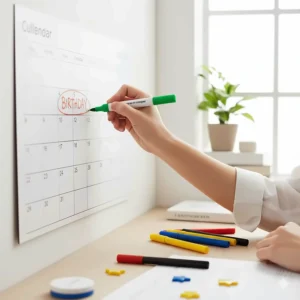 A person writing on a dry-erase magnetic calendar with colorful markers, demonstrating its customizable and reusable nature.