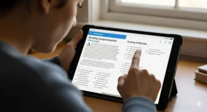 A person using a digital version of a reading comprehension workbook on a tablet device.