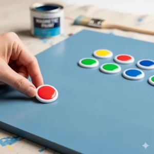 A hand places a new magnet onto a freshly painted magnetic board, illustrating a simple DIY project tutorial.