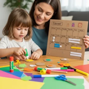 A parent and child building a simple, homemade DIY Montessori calendar using cardboard and craft supplies, showing a creative approach to learning.