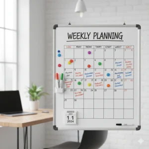 A detailed magnetic calendar and a few small magnets organized on a large dry erase board, helping with weekly planning.