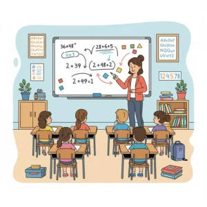 A 36x48 inch magnetic dry erase board used by a teacher in a busy classroom to explain a math problem to students.