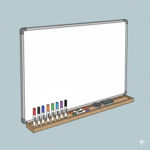 A detailed image of a new 36x48 dry erase board featuring its smooth writing surface and a tray full of colorful dry erase markers and erasers.