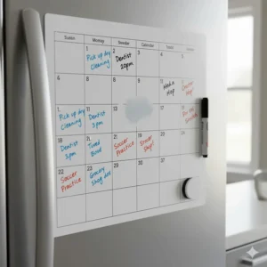 A close-up shot of a white dry-erase magnetic calendar on a fridge, showing handwritten notes and reminders that can be easily wiped away.