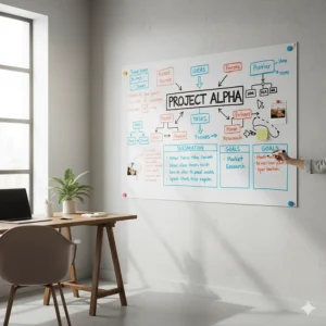 A full view of a large magnetic dry-erase sheet on a home office wall, showing its use as a flexible planning and brainstorming tool.