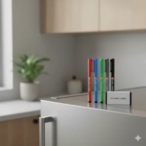 A set of vibrant, fine-tip dry-erase markers and an eraser that are included with the magnetic refrigerator board.