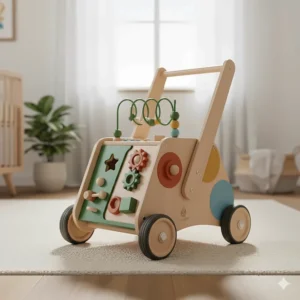 An image of an eco-friendly infant walking toy made from sustainable materials and non-toxic paint.