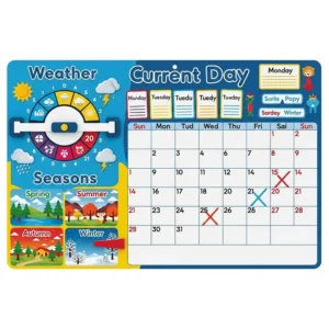 An educational wall calendar designed for kids, helping them learn about the days of the week, weather, and seasons.