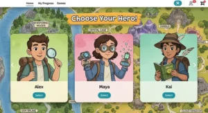 A screenshot of an educational reading website showing a character selection screen for a story-based adventure game for fifth graders.