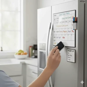 A user easily wiping clean a section of a magnetic dry erase calendar with a small, included eraser, showing the no-residue surface.