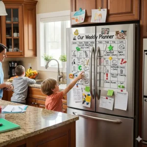 A busy family uses a large magnetic calendar on their kitchen fridge to organize everyone's weekly activities and chores.
