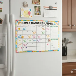 A colorful magnetic calendar on a refrigerator door, filled with family appointments, school events, and a to-do list for the week.