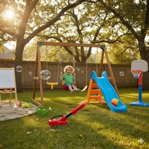 A 5-year-old child happily playing with good outdoor toys for 5 year olds, like a swing set and a brightly colored slide, in a sunny backyard.