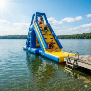An inflatable floating water slide positioned near a dock, providing an excellent and easy-to-use lake toy for endless fun.