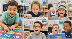 A collage of different children's faces, all showing excitement and engagement while playing various fun reading games at school.