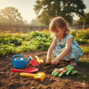 A set of child-sized, brightly colored gardening tools and gloves, encouraging imaginative play outside.