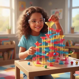 A completed Gravity Maze or complex marble run structure, demonstrating physics and problem-solving skills with a challenging STEM marble run toy.