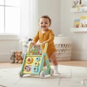 A smiling baby confidently standing and pushing a walking aid on a soft play mat at home.