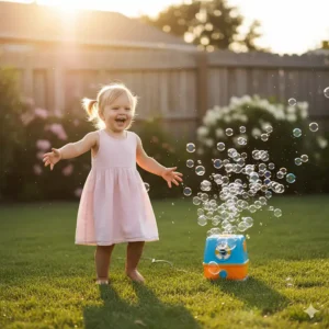 A laughing 3-year-old girl is running and trying to catch bubbles from an automatic bubble machine, a fun outdoor activity.