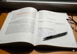 An open workbook showing an exercise designed to improve reading skills and critical thinking.