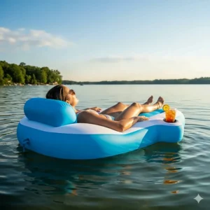 A person peacefully sunbathing on an inflatable lake lounger with a built-in cup holder, one of the best lake toys for relaxing.
