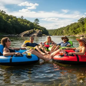 A large, inflatable shark pool toy with handles, designed for riding on in the water.