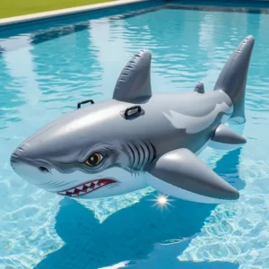 A large, inflatable shark pool toy with handles, designed for riding on in the water.