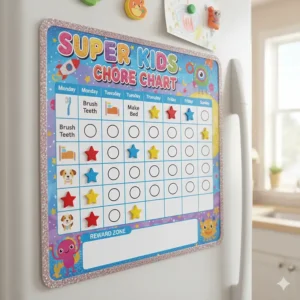 A fun, kid-friendly magnetic chore chart on a refrigerator, using icons and stickers to track daily tasks and responsibilities.