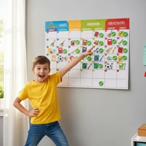 A child proudly points to their completed tasks on a large magnetic calendar that serves as a chore chart and activity planner.