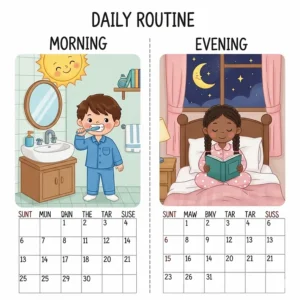 Illustration of a daily routine chart for children, integrated with a calendar. It shows a boy brushing his teeth in the morning and a girl reading a book at night.