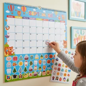 An interactive children's wall calendar with reusable stickers for marking special events, holidays, and milestones.