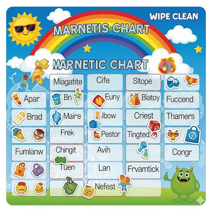 A vibrant magnetic chore chart for kids, featuring fun illustrations and reward magnets to encourage children to complete their daily tasks and learn responsibility.