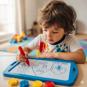 A young child drawing on a magnetic board with a special pen, showing off their creative skills.