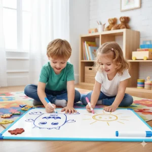 Two children drawing and playing games on a magnetic marker board sheet, highlighting its use as a fun and reusable surface for kids.
