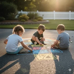 Children are sitting on a driveway using large pieces of multicolored sidewalk chalk to draw a vibrant hopscotch game.